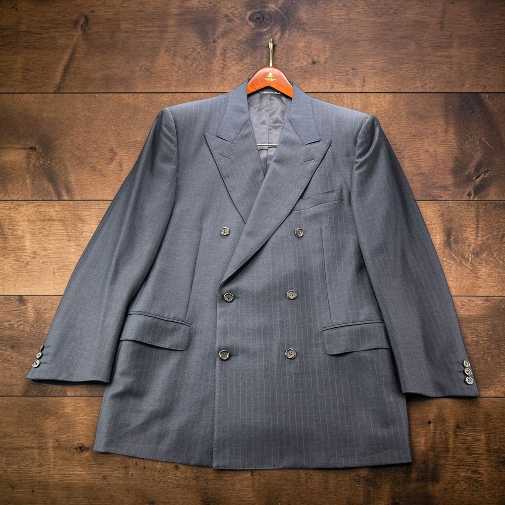 Canali Mens Double Breasted Suit Jacket Navy Pinstripe Zegna Wool Italy IT52 42R